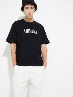 max - Urb_N Nirvana Printed Oversized Black T-Shirt