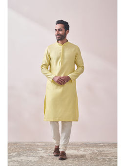 Manyavar - Yellow Blended Viscose Self Design Kurta Pencil Pyjama Set (Set of 2)