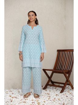 HOUSE OF KARI - Women's Blue Embroidered with Kurta and Pant (Set of 2)