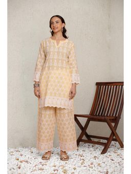 HOUSE OF KARI - Women's Yellow Embroidered with Kurta and Pant (Set of 2)