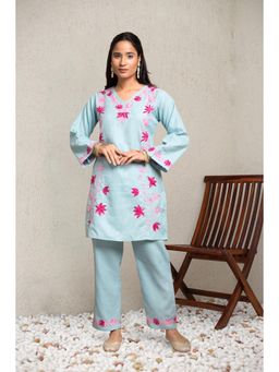 HOUSE OF KARI - Women's Blue Embroidered with Kurta and Pant (Set of 2)