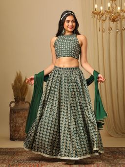 Globus - Women's Green Embroidered Blouse with Lehenga and Dupatta (Set of 3)