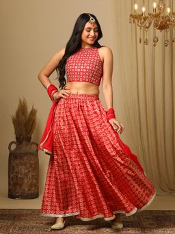 Globus - Women's Pink Embroidered Blouse with Lehenga and Dupatta (Set of 3)