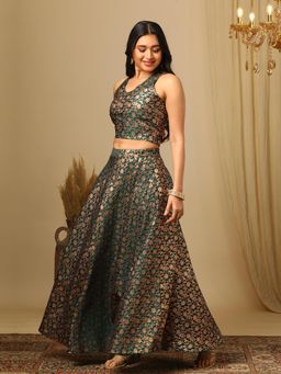 Globus - Women's Green Floral Blouse and Lehenga (Set of 2)
