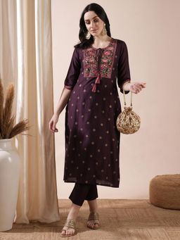 Globus - Women's Purple Embroidered with Kurta and Pant (Set of 2)