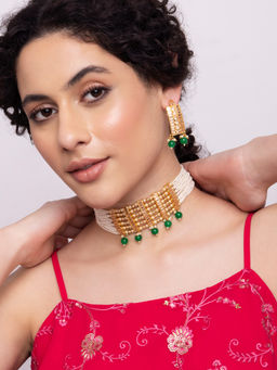 Indya - Gold Green Kundan Pearl Beaded Earring Choker Set (Set of 2)