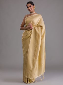 Koskii - Beige Zariwork Art Silk Saree With Unstitched Blouse