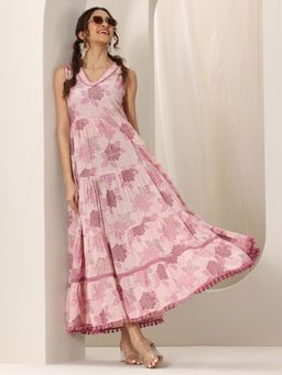 Libas - Cotton Mauve Floral Fit and Flare Dress for Women