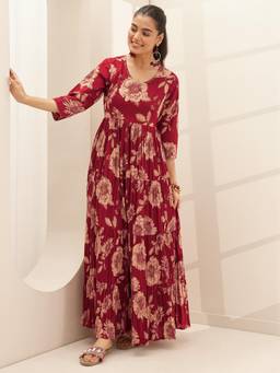 Libas - Cotton Maroon Floral Printed Fit and Flared Dress for Women
