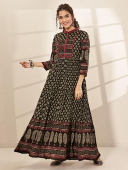 Libas - Cotton Black Printed Fit and Flared Dress for Women