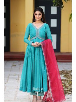 Bullion knot - Ratrani Anarkali Kurta with Churidar & Dupatta with in Teal Blue (Set of 3)