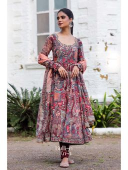 Bullion knot - Kuhu Anarkali Kurta with Churidar and Dupatta in Maroon (Set of 3)