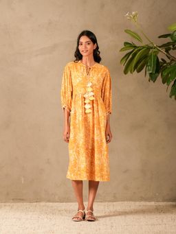 Akiso - Mid Calf Length Dress with Exaggerated Sleeves and Tassels Knee Length Dress