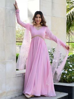 Lavanya The Label - Baby Pink Georgette Long Dress ( Set of 2)