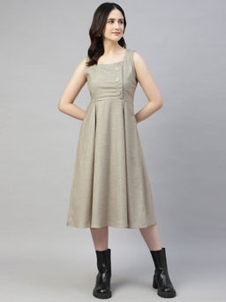 Sands of India - Stone Grey Buttoned Plaid Pinafore Midi Dress