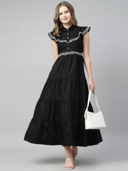 Sands of India - 4 Tier Long Black Embroidered Maxi Dress