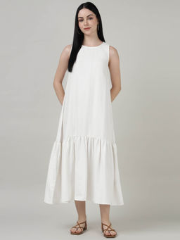 Sands of India - White Sleeveless Gathered Hem Midi Dress