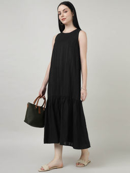 Sands of India - Black Sleeveless Gathered Hem Midi Dress