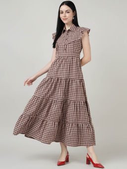 Sands of India - Maroon Checks 4 Tier Long Double Collar Maxi Dres