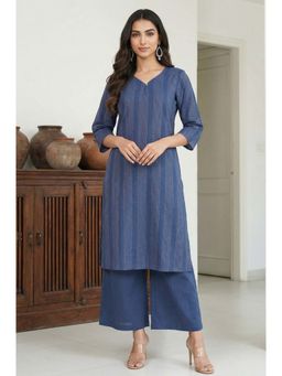 Aurelia - Navy Blue Yarn Dyed Striped Cotton Blend Straight Kurta