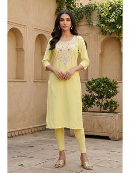 Aurelia - Yellow Thread Embroidered Shantung Straight Kurta