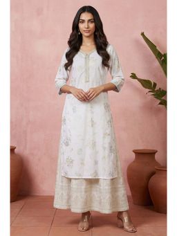 Aurelia - Off White Floral Printed Sequins Pure Cotton Straight Kurta