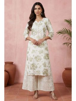 Aurelia - Off White Floral Printed Rayon Straight Kurta with Lace