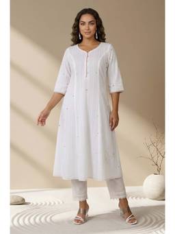 Aurelia - White embellished Textured Pure Cotton A-line Kurta