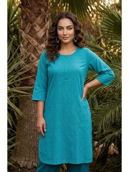 Aurelia - Teal Yarn Dyed Textured Pure Cotton Straight Kurta