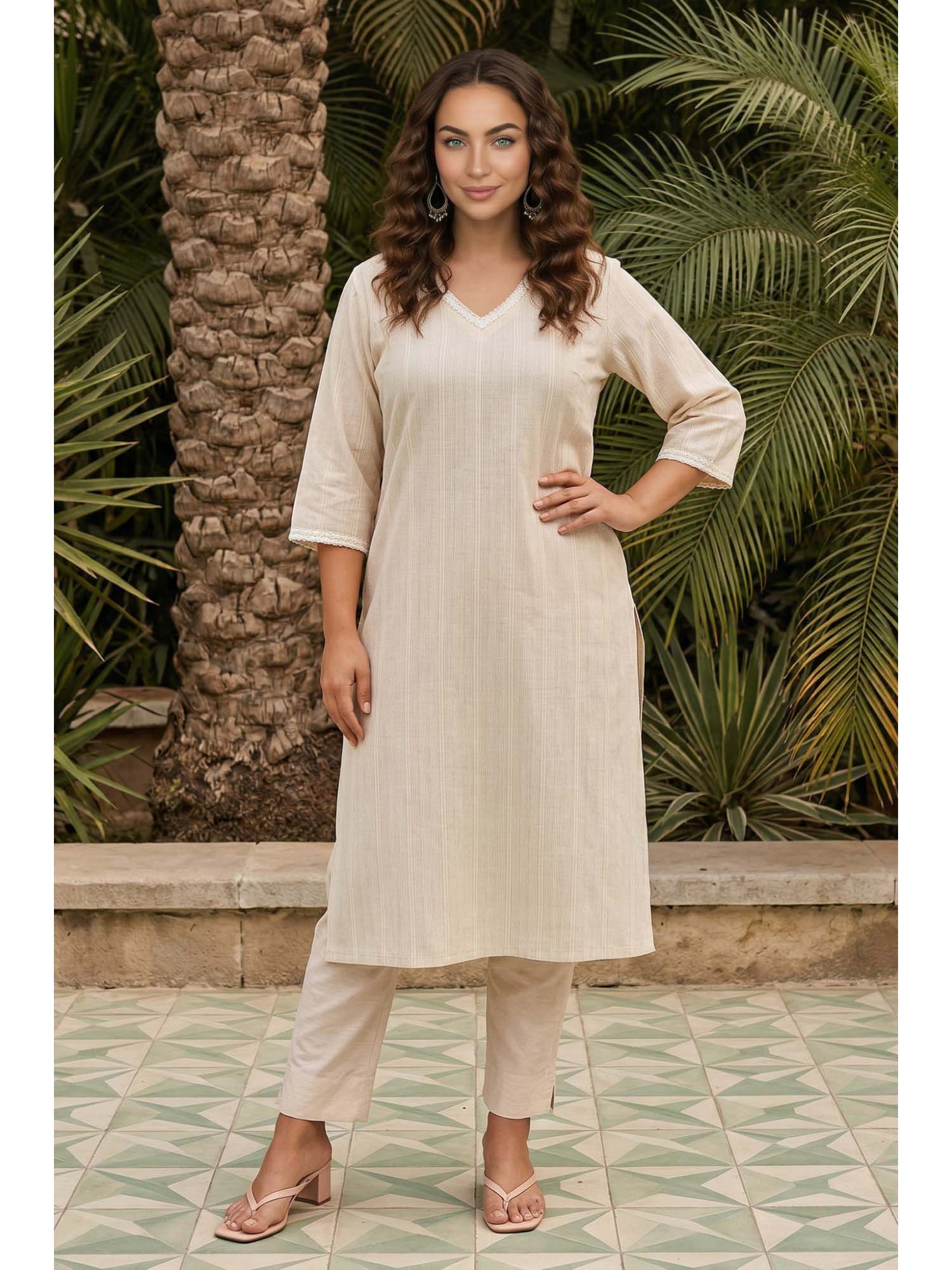 Aurelia | Cream Yarn Dyed Striped Textured Cotton Blend Straight Kurta