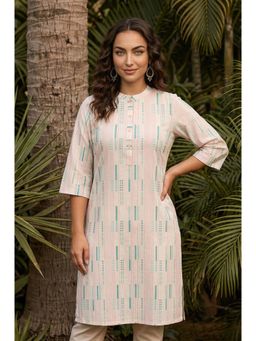 Aurelia - Off White Yarn Dyed Geometric Printed Cotton Blend Straight Kurta