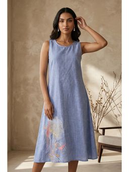 Aurelia - Blue Yarn Dyed Embroidered Pure Cotton A-Line Dress