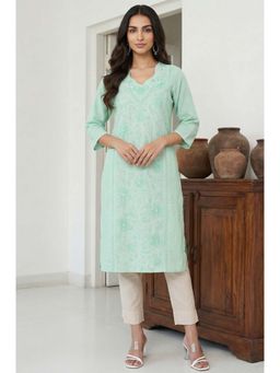 Aurelia - Sea Green Thread Embroidered Pure Cotton Straight Kurta