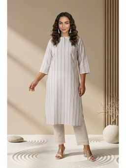 Aurelia - Off White Striped Textured Cotton Blend Straight Kurta