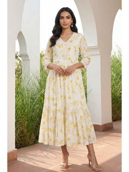 Aurelia - Yellow Floral Printed Lace Pure Cotton Flared Dress