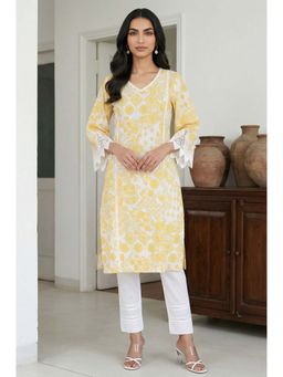 Aurelia - White Floral Printed Lace Pure Cotton Straight Kurta