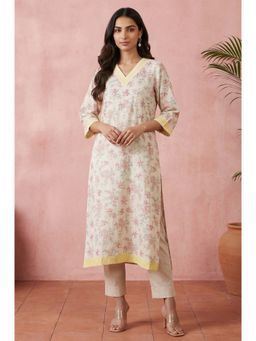 Aurelia - Cream Floral Printed Rayon Straight Kurta with Lace