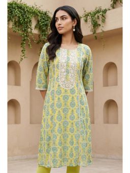 Aurelia - Yellow Floral Printed Embellished Georgette A-Line Kurta