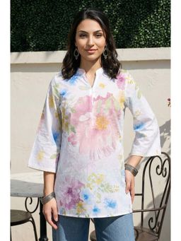 Aurelia - White Lace Floral Printed Pure Cotton Straight Kurti