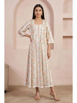 Aurelia - Off White Floral Printed Pure Cotton Flared Midi Dress with Jacket Set