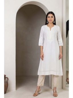 Folksong - White Thread Embroidered Cotton Blend Straight Kurta