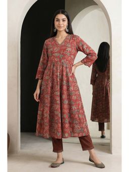 Folksong - Maroon Floral Printed Embroidered Pure Cotton A-line Kurta