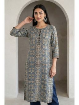 Folksong - Beige Ajrak Printed Mirror Work Modal Satin Straight Kurta