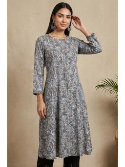 Folksong - Grey Beadwork Block Printed Rayon Flared Kurta