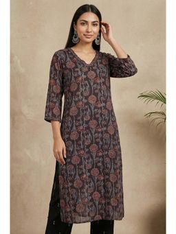 Folksong - Brown Block Printed Sequins Satin Straight Kurta