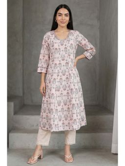 Folksong - Light Pink Floral Printed Sequins Pure Cotton A-line Kurta