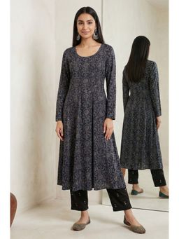 Folksong - Black Embroidered Modal Satin A-line Kurta