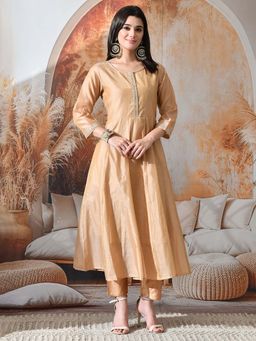 DECKEDUP - Beige Solid Daily A-Line Kurta
