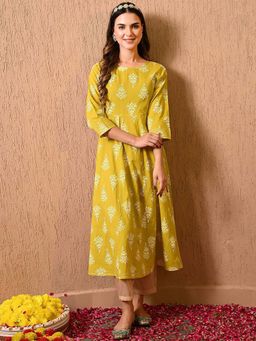 DECKEDUP - Yellow Round Neck Ethnic Motifs Panelled Cotton Anarkali Kurta