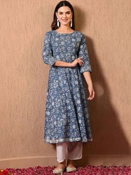 DECKEDUP - Blue Round Neck Floral Printed Panelled Cotton Anarkali Kurta